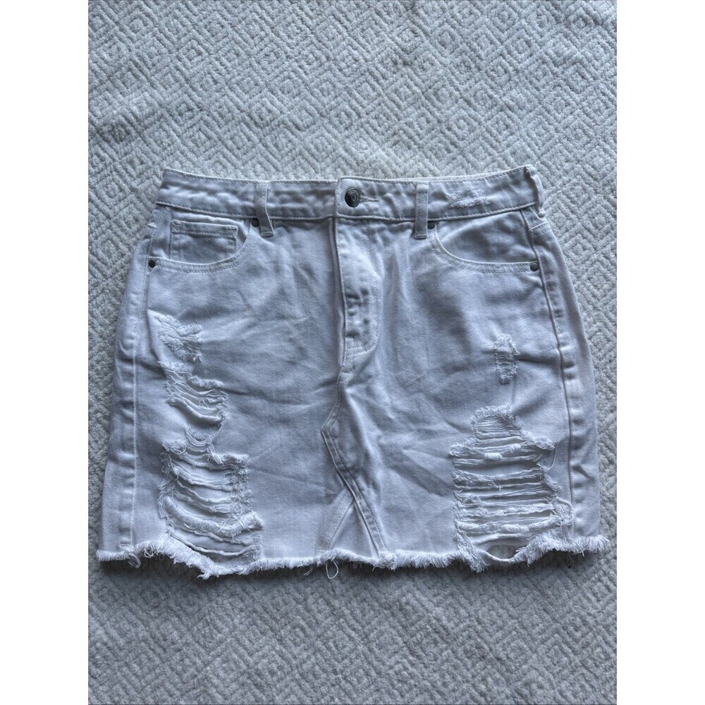 Women's Pacsun White Denim Jean Skirt Distressed Ripped Mini Size 28